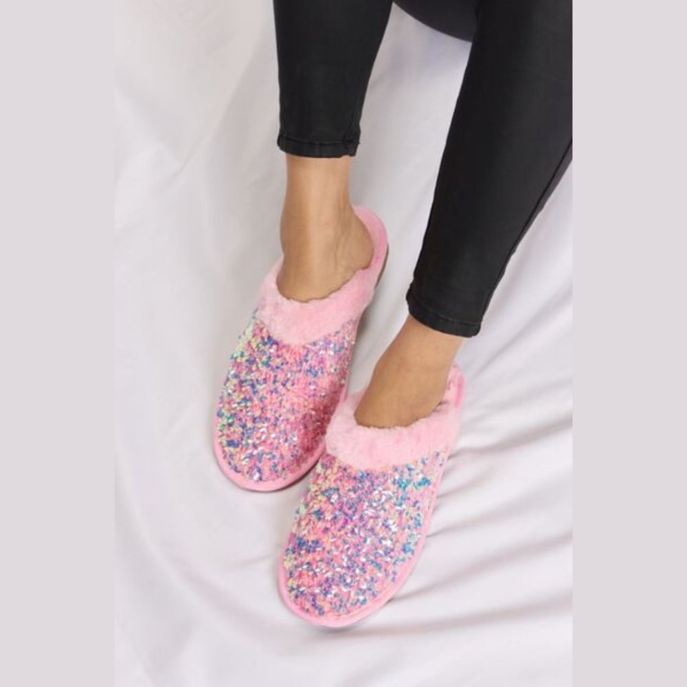 New Pink Sequin Plush Round Toe Slippers - Picture 2 of 7